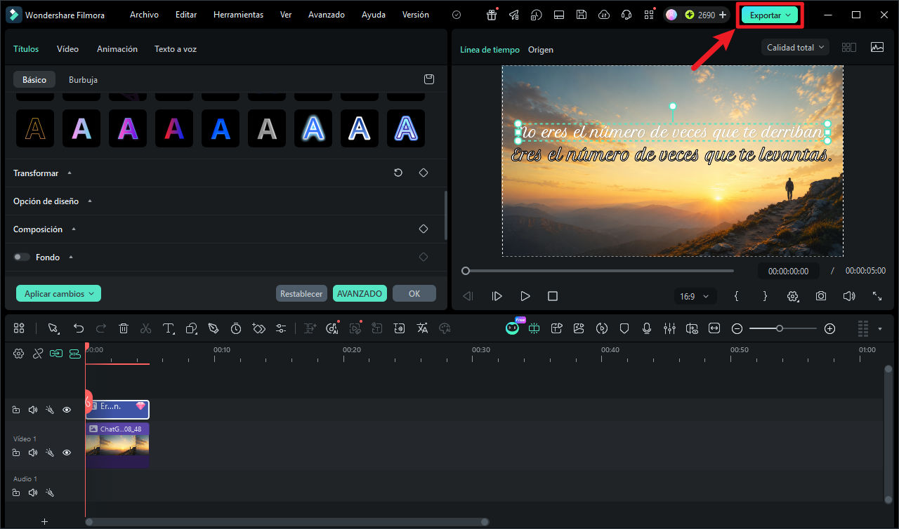 Exportar un video de frases en el formato adecuado desde Filmora