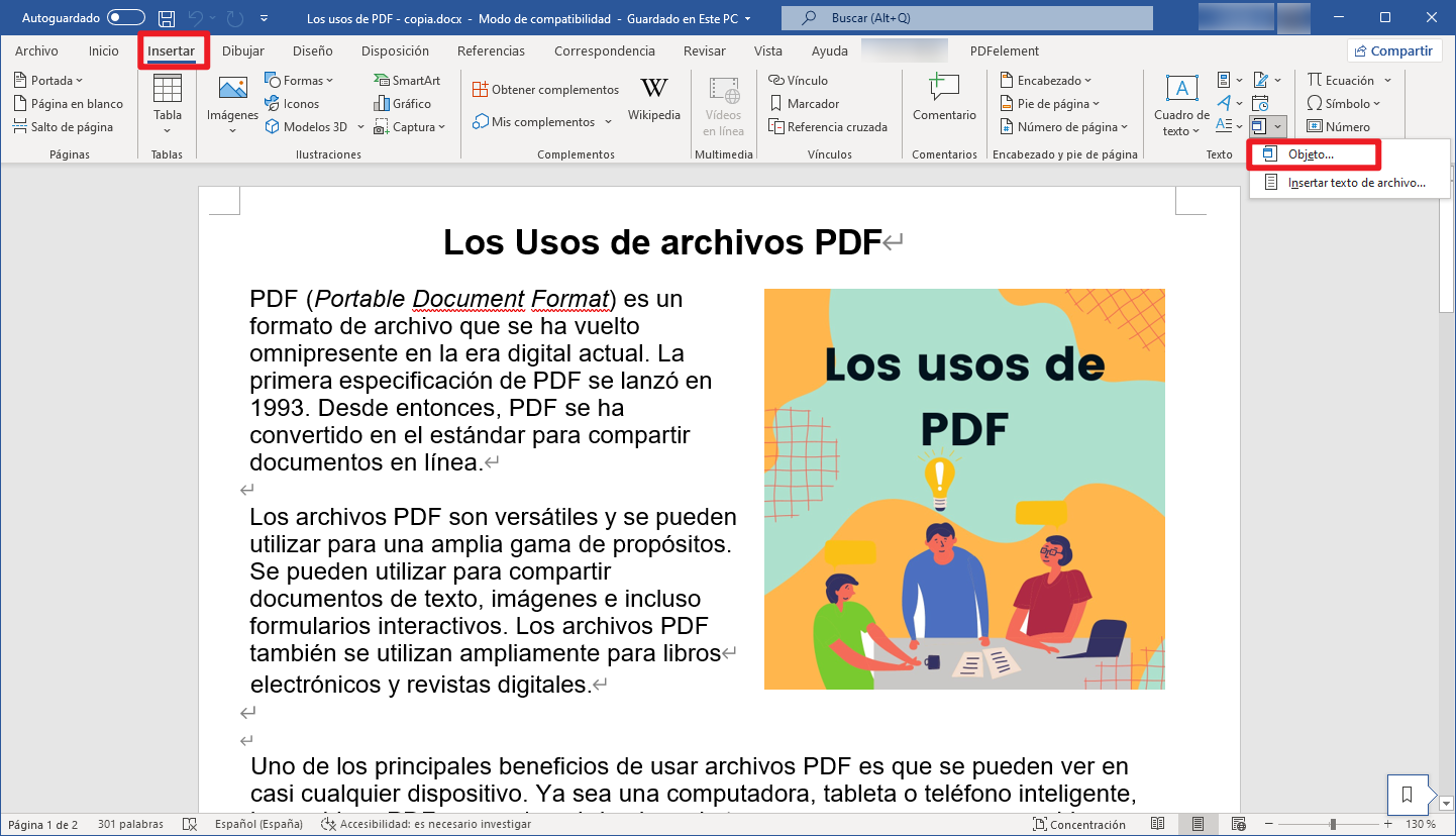 cómo insertar PDF en Word