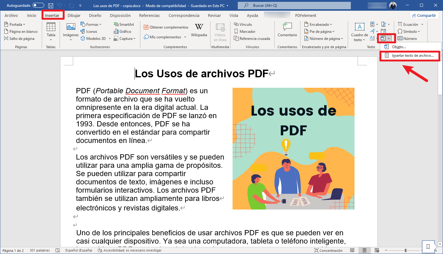 Insertar texto de PDF en Word