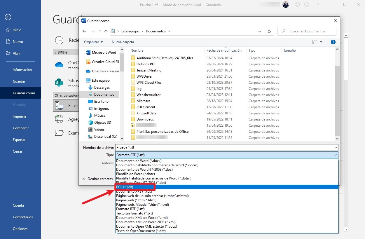 guardar WordPad como PDF con Microsoft Word