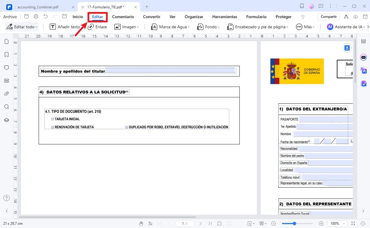 rellenar y editar formulario ex17