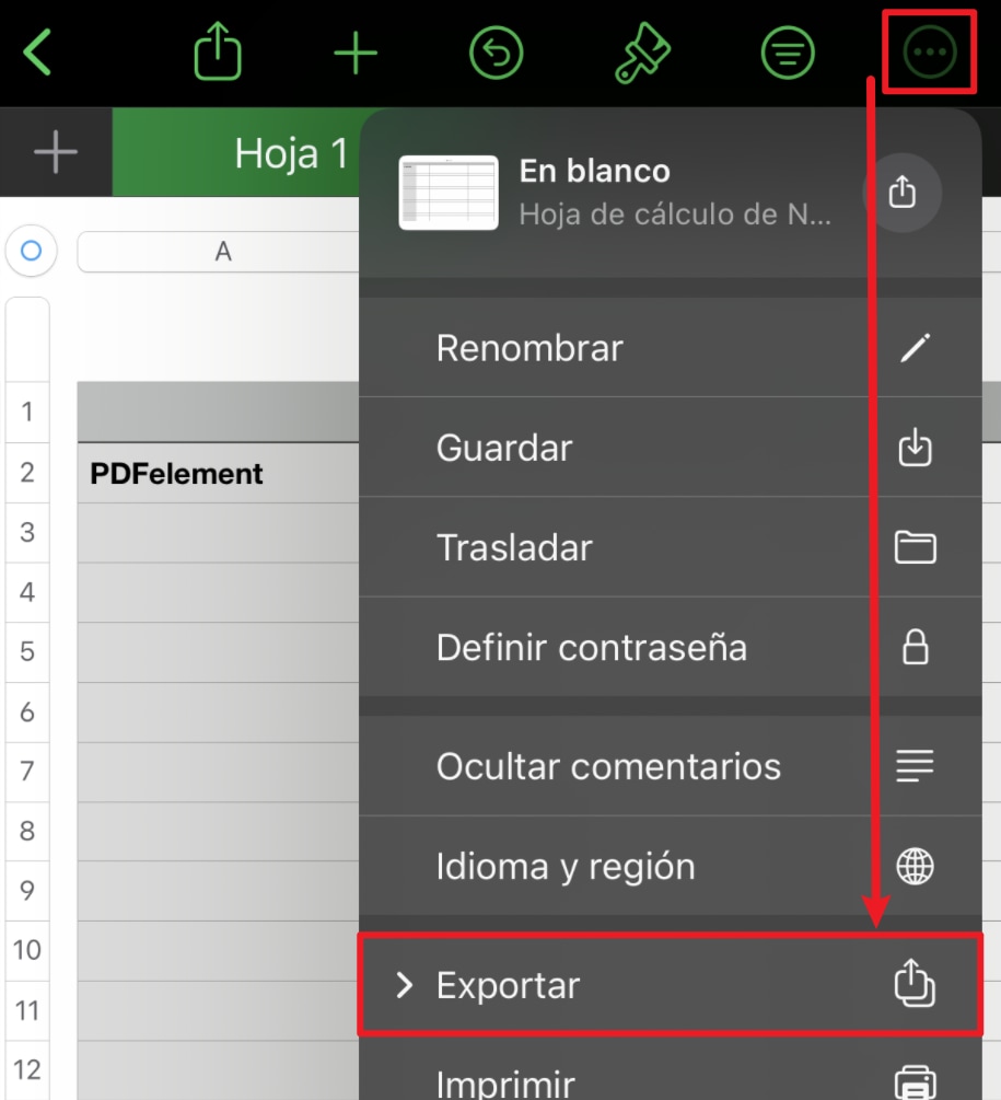 Exportar Numbers a PDF en iOS: seleccionar la opción “Exportar” en Numbers