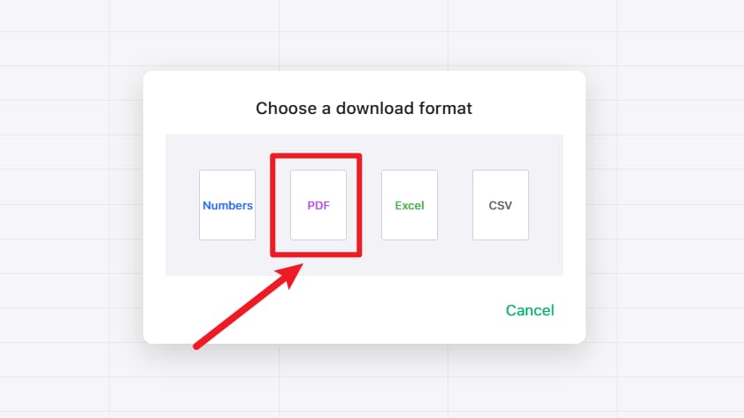Descargar un archivo Numbers como PDF desde iCloud: seleccionar PDF en la exportación