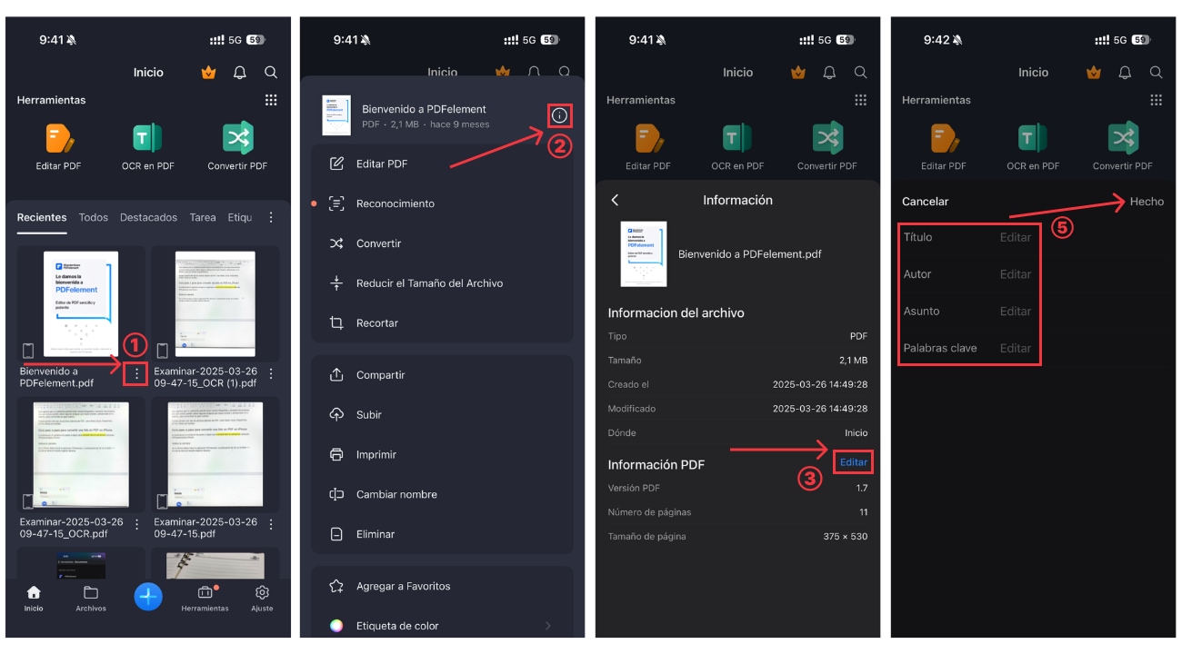cambiar metadatos de PDF en ios