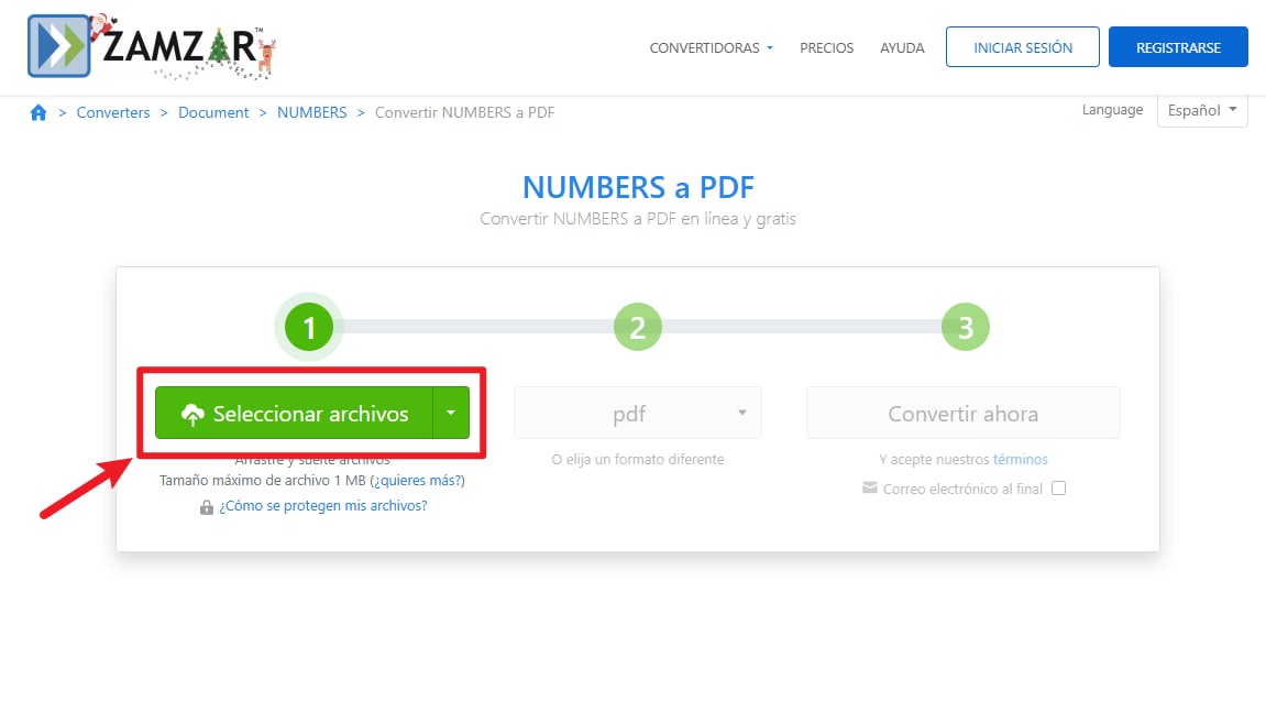 Zamzar: subir un archivo .numbers para convertirlo a PDF online