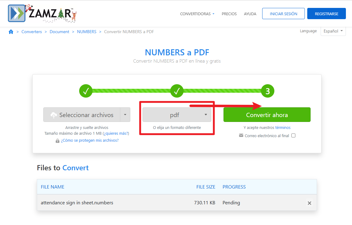 Zamzar: elegir PDF como formato de salida al convertir Numbers a PDF
