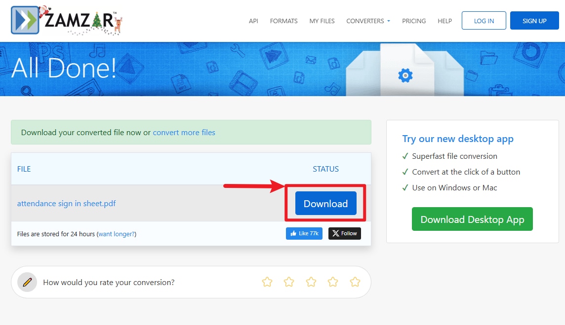 Zamzar: descargar el PDF convertido después de convertir un archivo Numbers