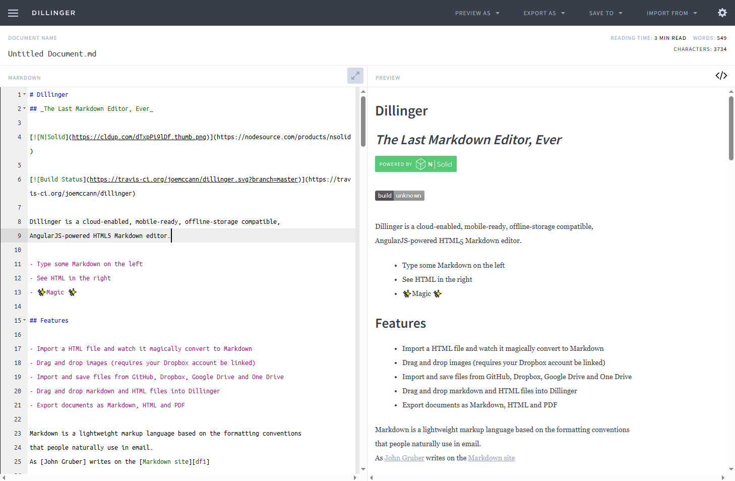Editor online de Markdown - Dillinger