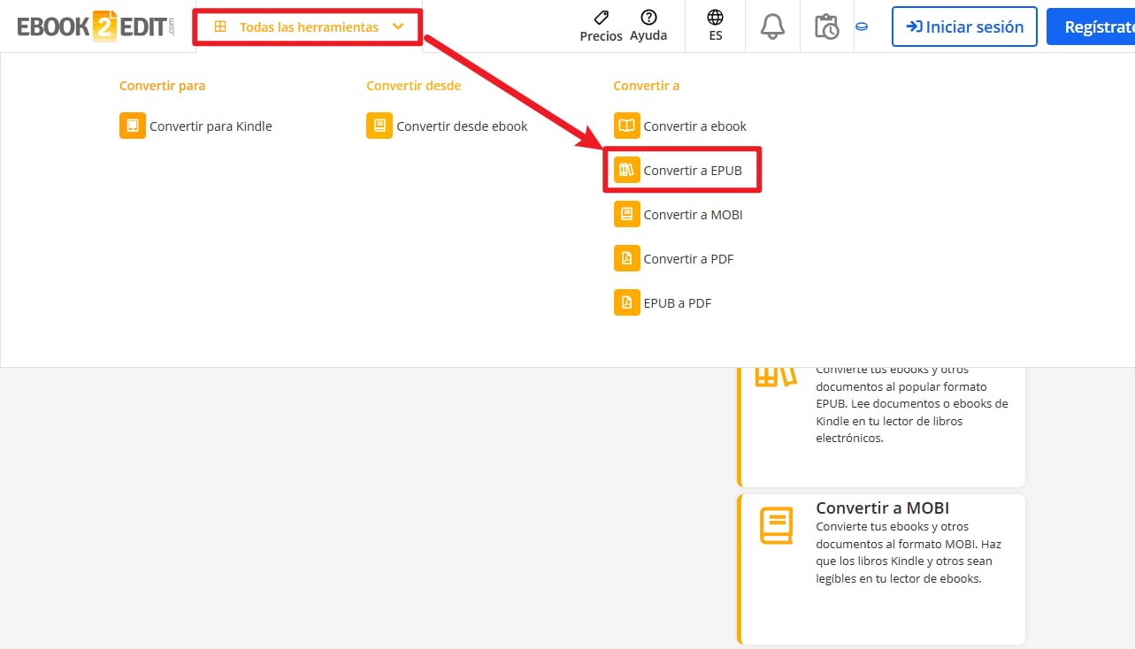 proceso de conversión de epub a pdf con herramienta online