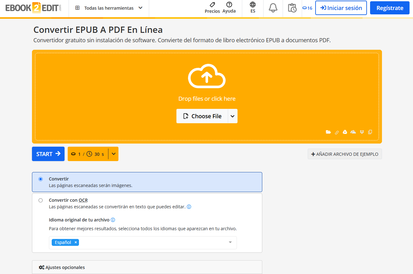 proceso de conversión de epub a pdf con herramienta online