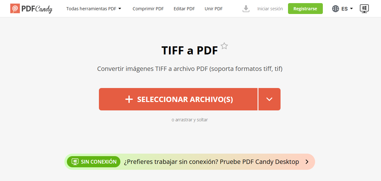Interfaz del convertidor TIFF a PDF de PDF Candy