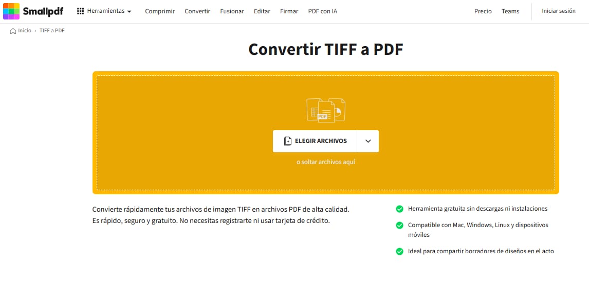 Interfaz del convertidor TIFF a PDF de Smallpdf mostrando la función de arrastrar y soltar