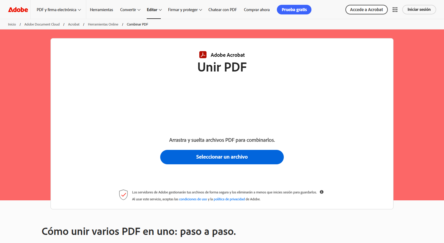 unir PDFs online con Adobe Acrobat online