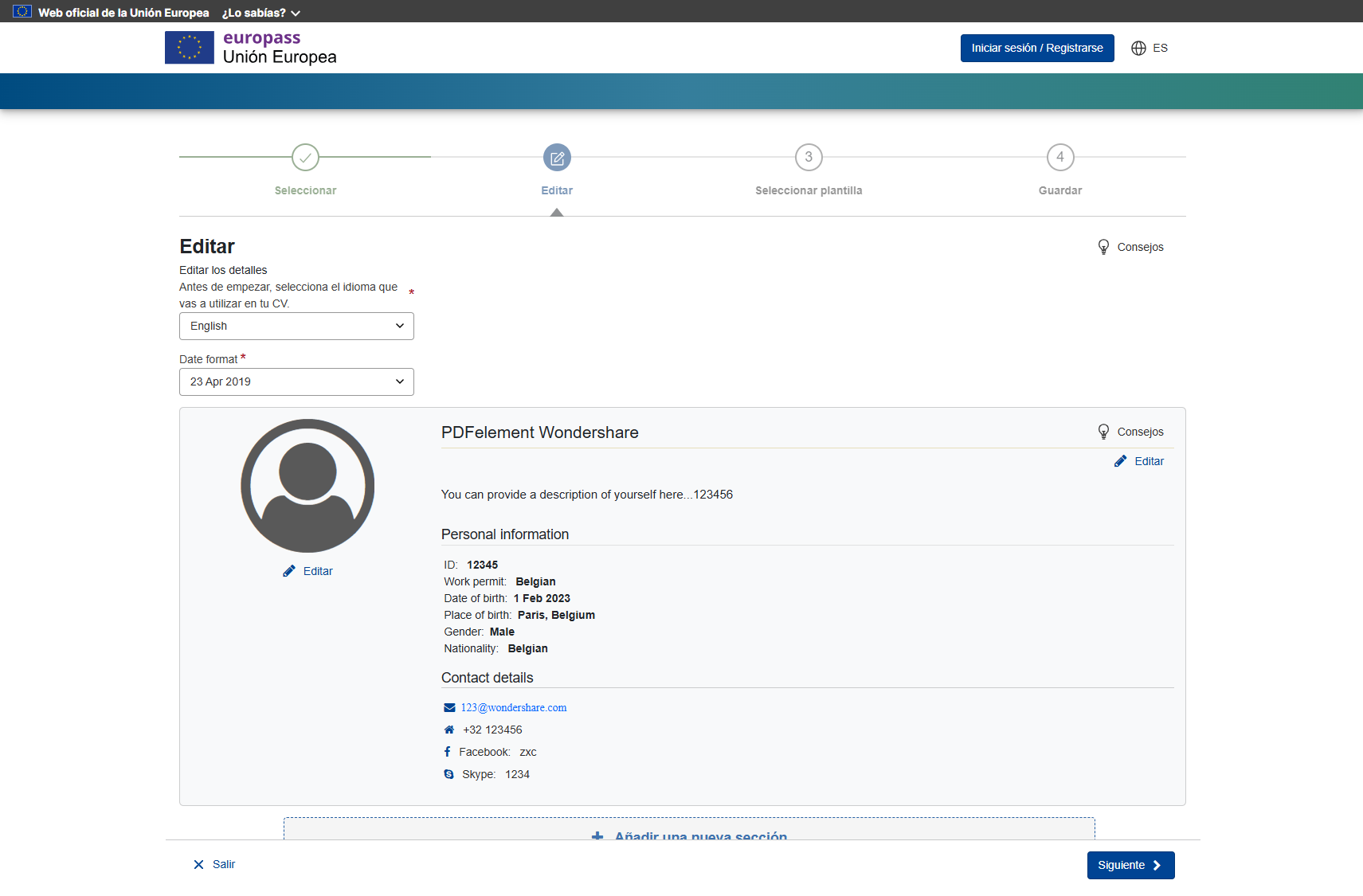Rellenar la información personal de europass