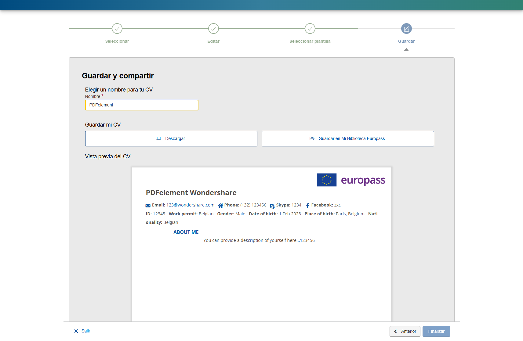 descargar o guardar europass