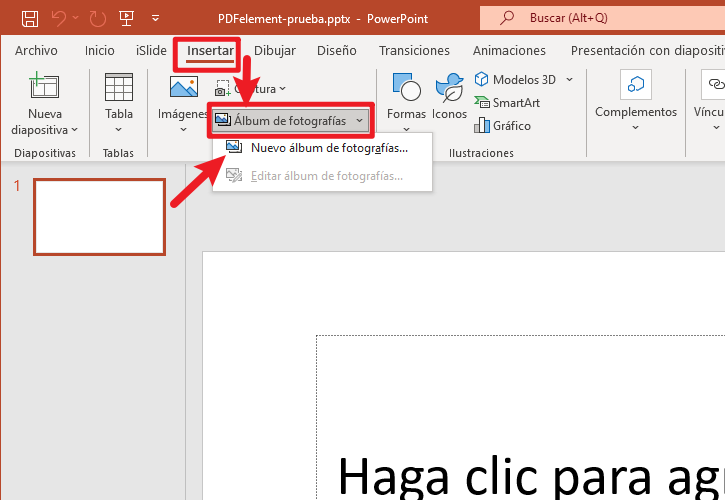 Localizar la función de álbum de fotos de PowerPoint