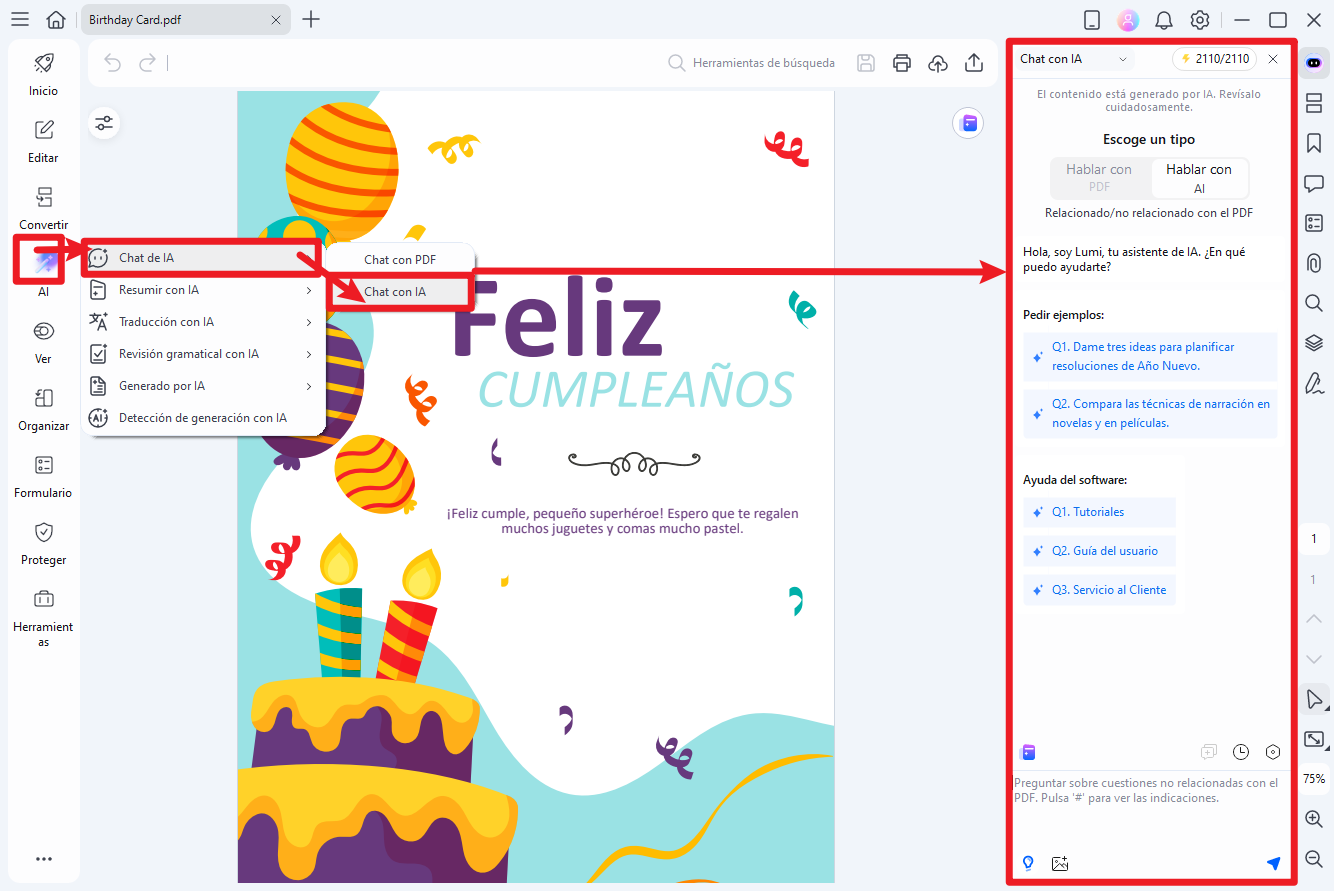 Generar mensajes de feliz cumpleaños con la IA de PDFelement