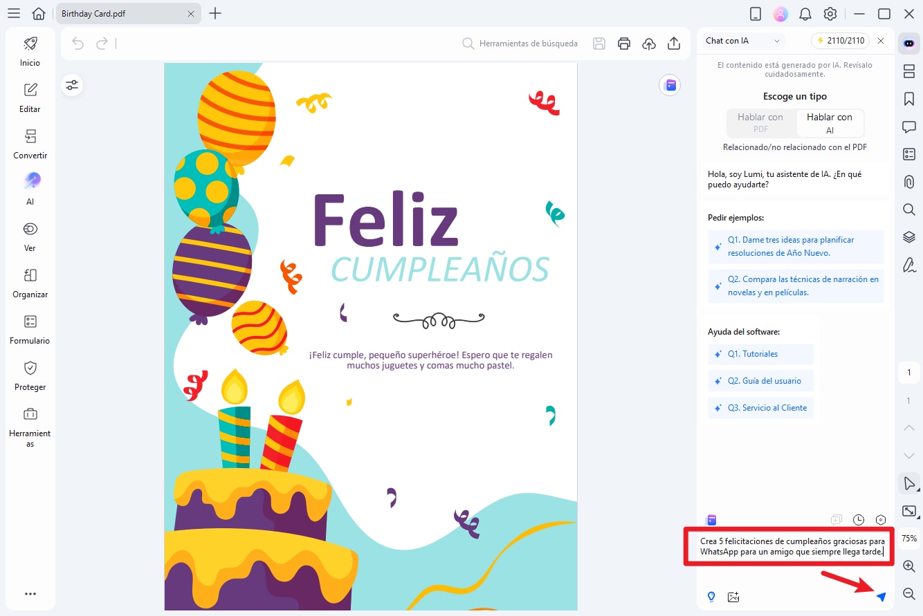 Generar mensajes de feliz cumpleaños con la IA de PDFelement