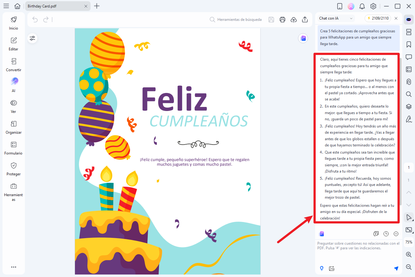 Generar mensajes de feliz cumpleaños con la IA de PDFelement