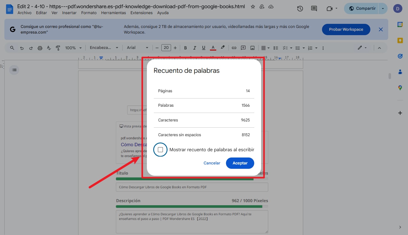 contador de palabras de google docs
