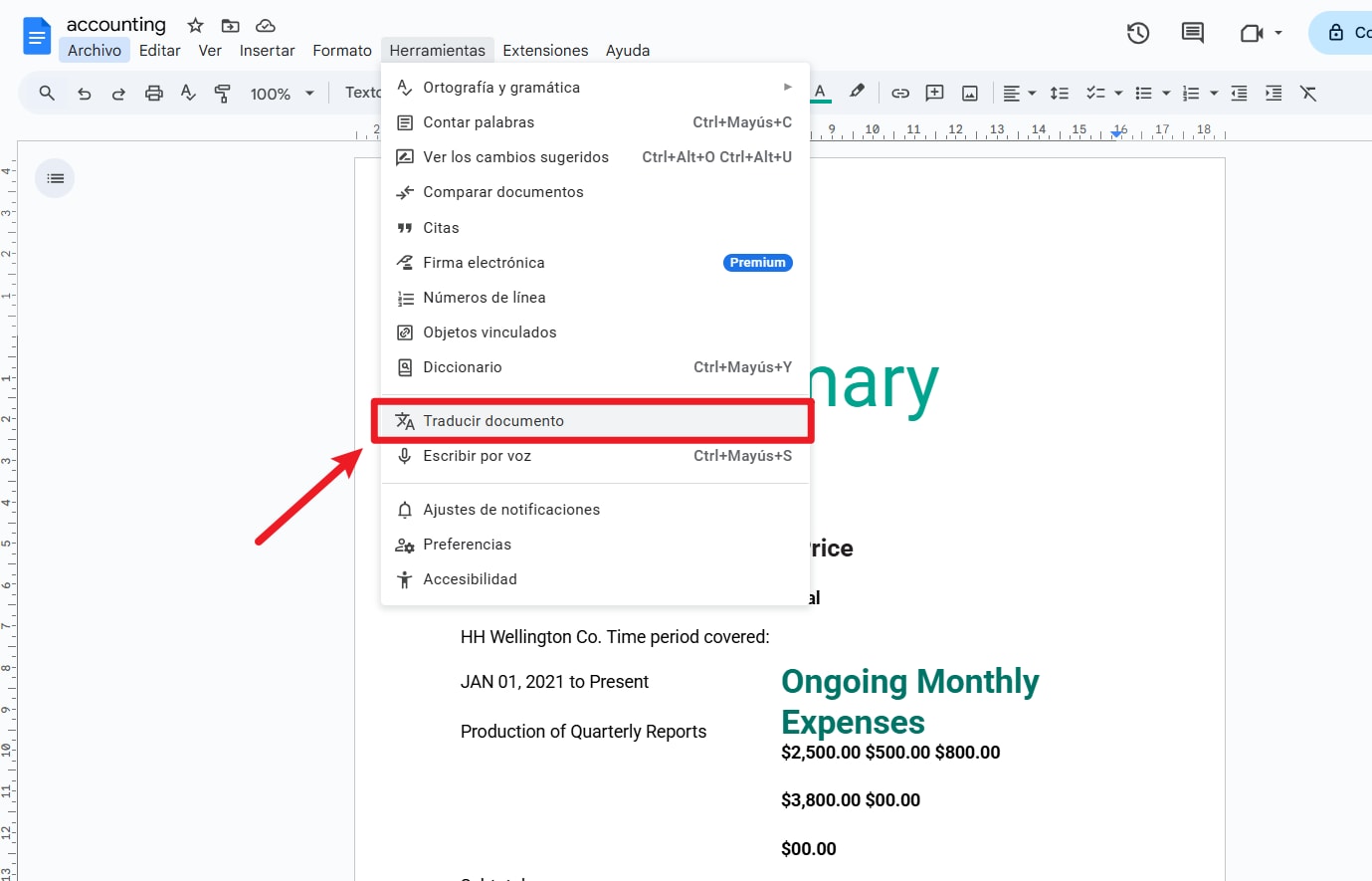 Traducir el documento en Google Docs