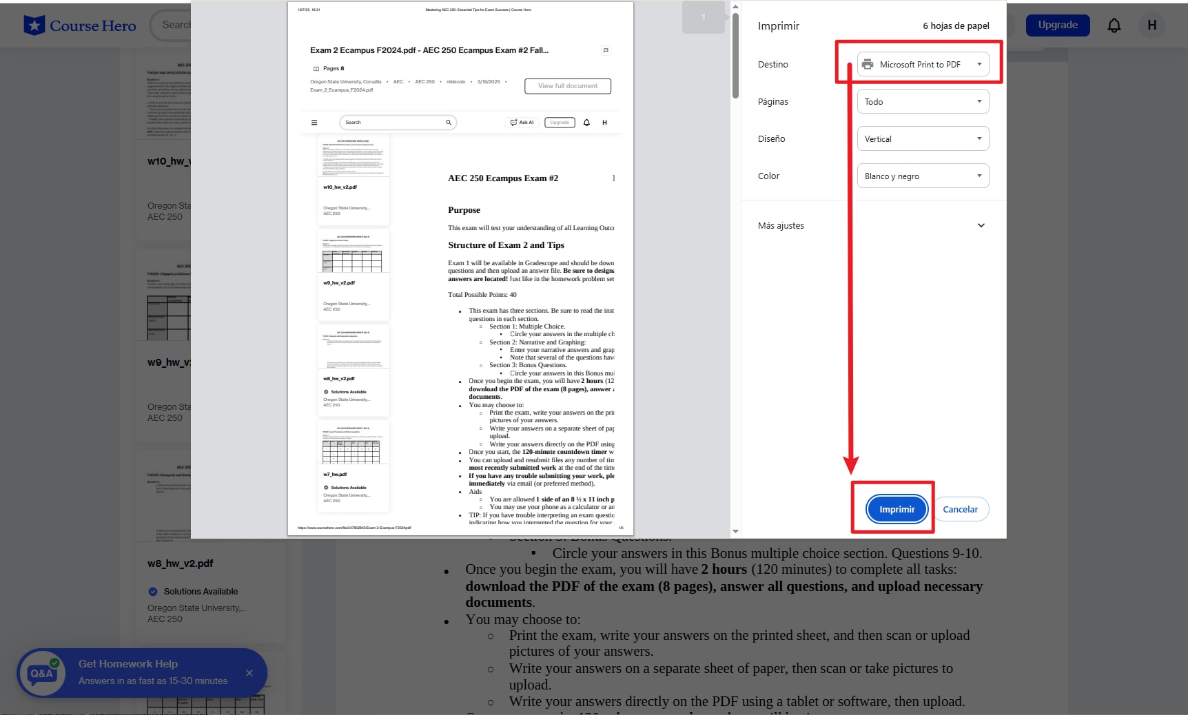 Guardar Course Hero como PDF desde la función de impresión