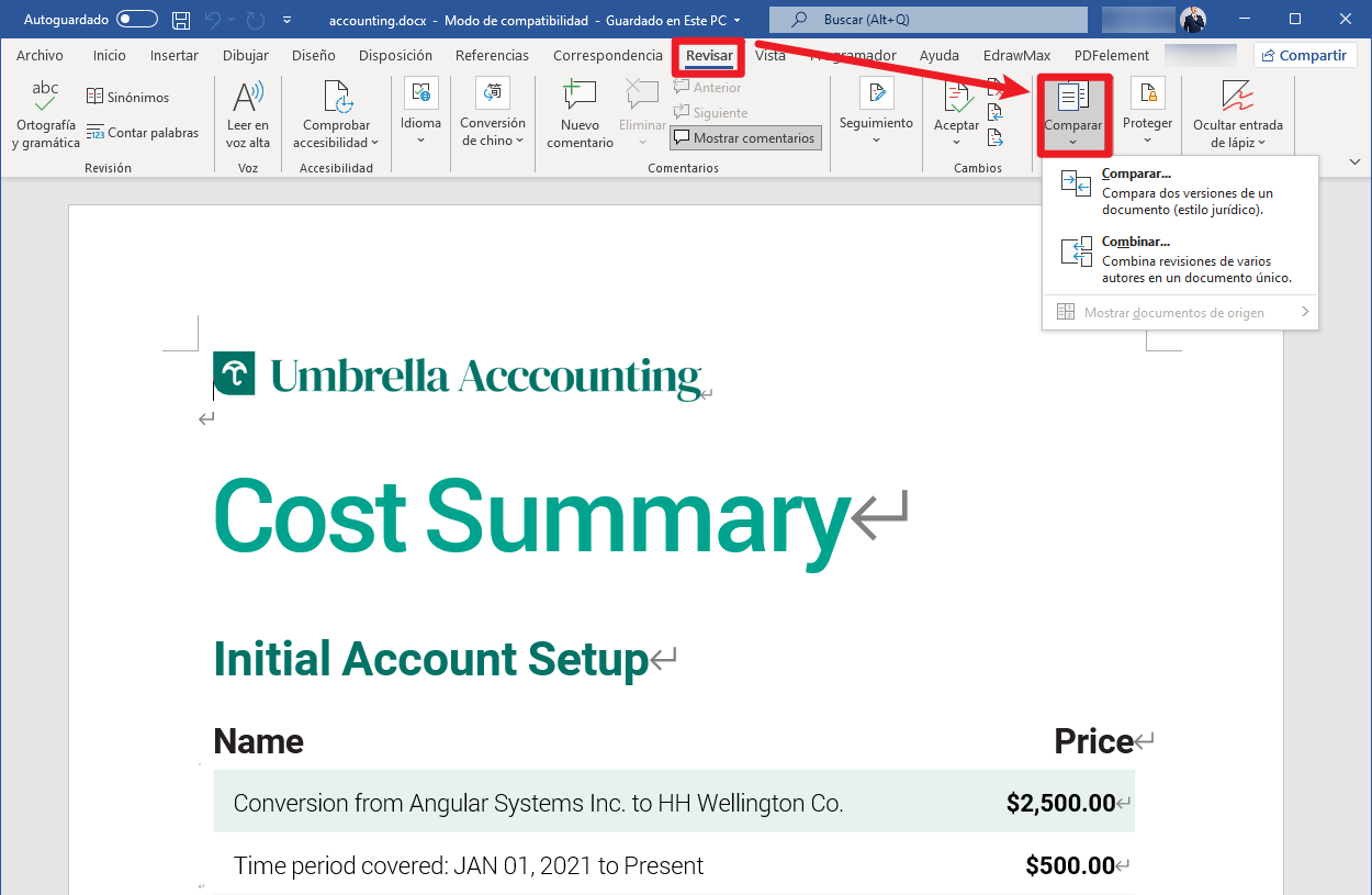Comparar textos en Microsoft Word