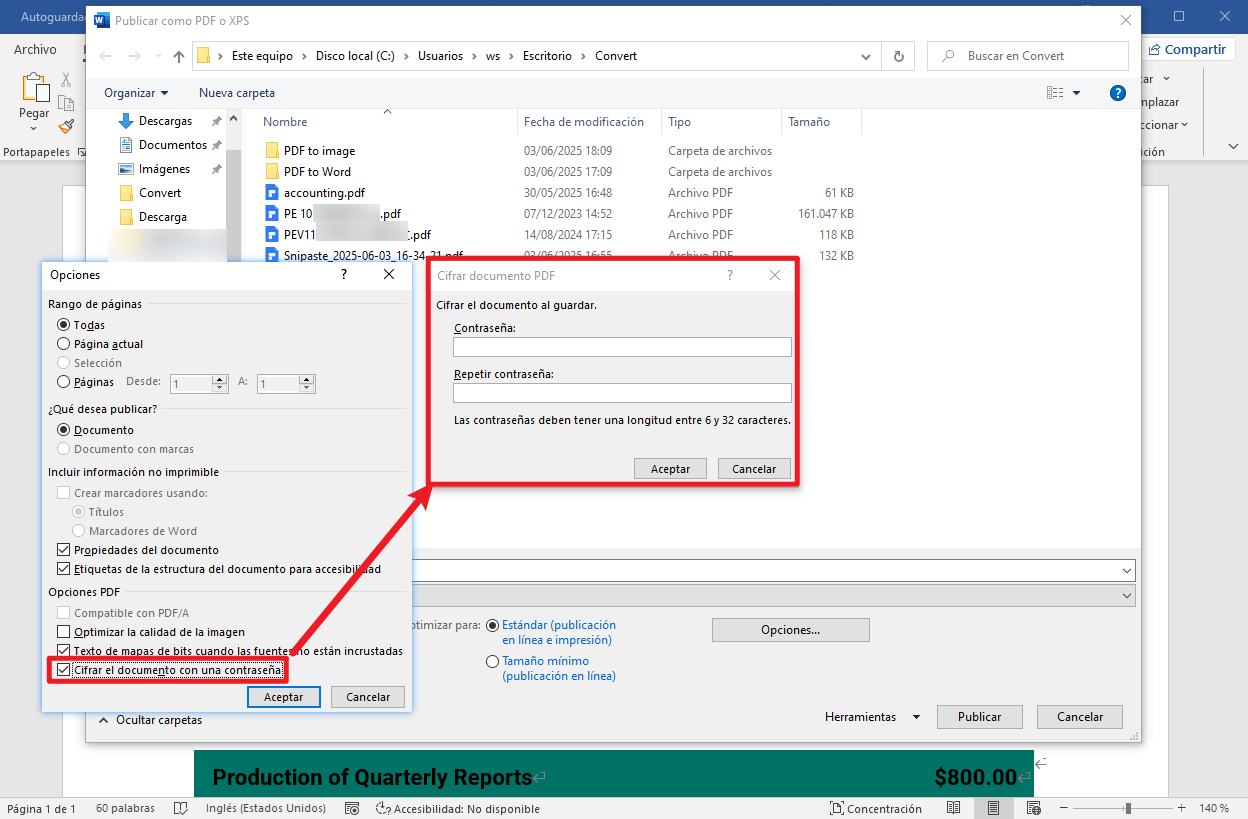 Usar Word para exportar como PDF con contraseña gratis