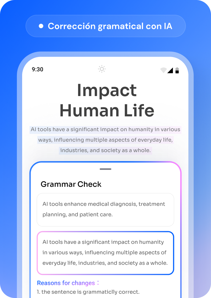 Corrección gramatical con IA en un teléfono Android