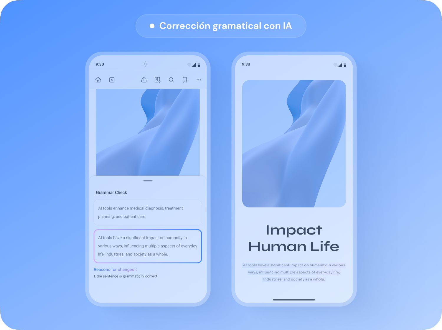 Corrección gramatical con IA en un teléfono Android