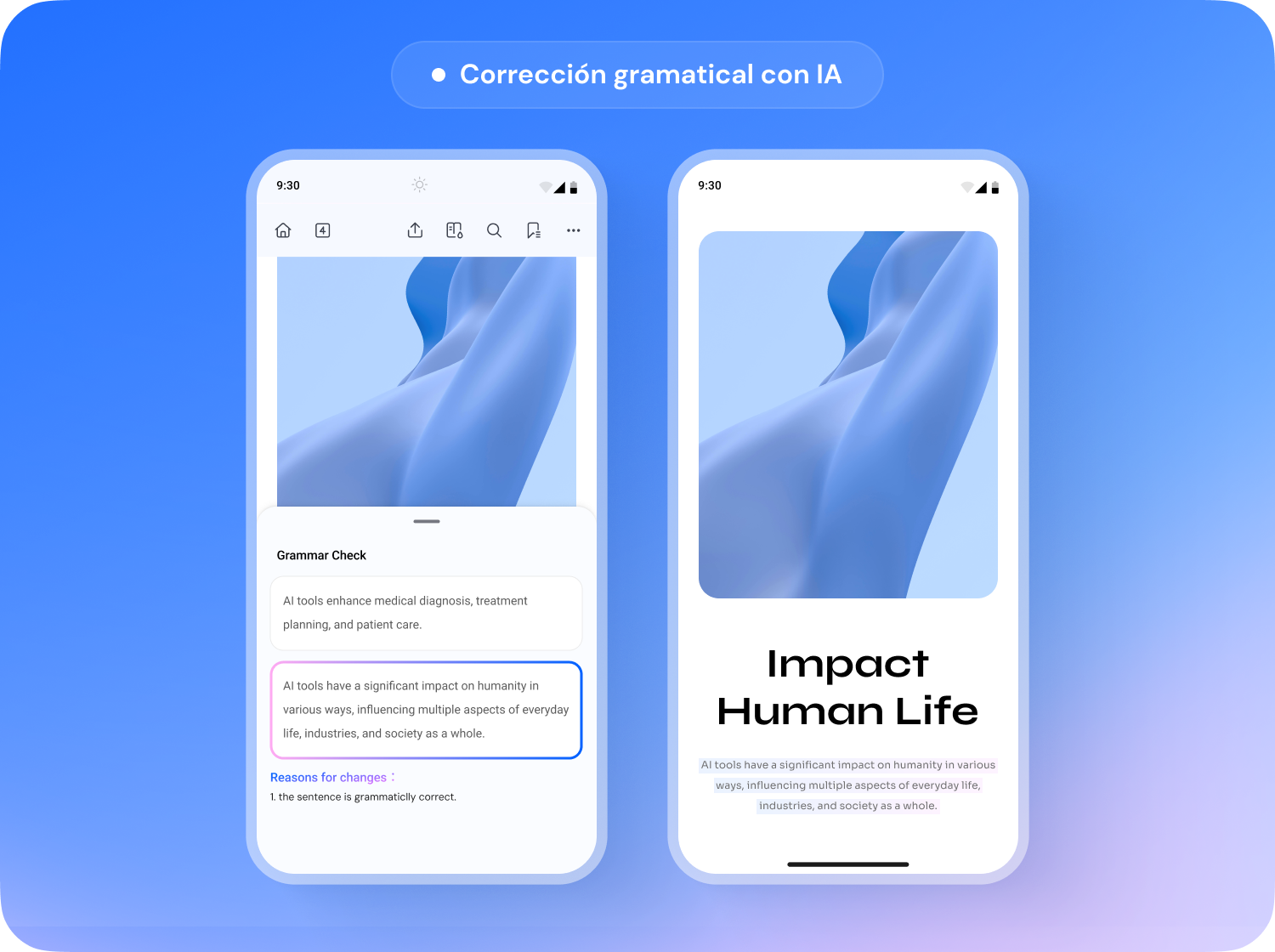 Corrección gramatical con IA en un teléfono Android