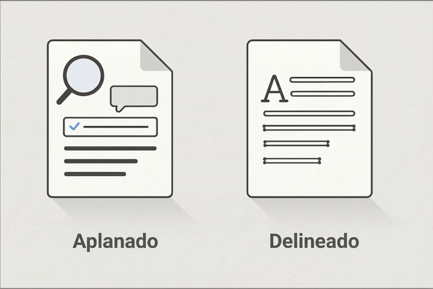 Diferencia visual entre aplanar PDF y convertir texto a curvas mostrando que son procesos distintos