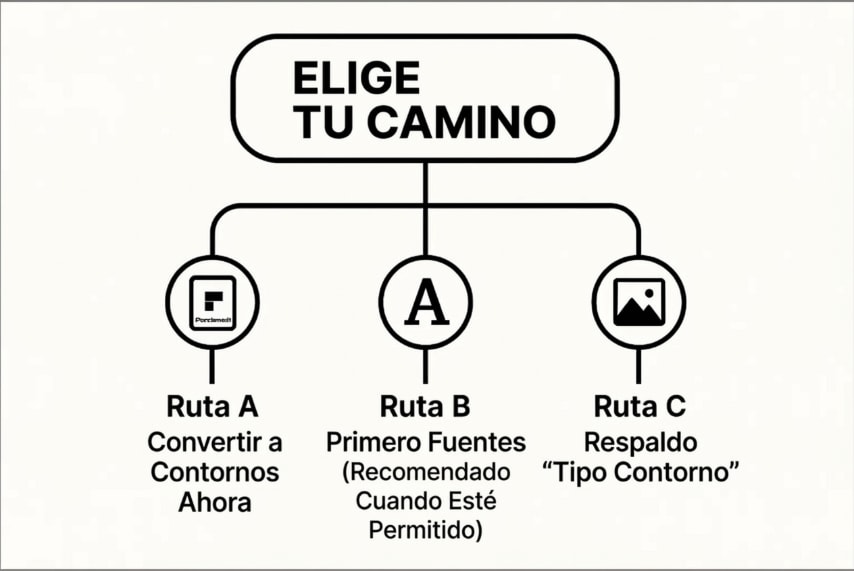 Diagrama de flujo mostrando los tres métodos para convertir texto a curvas en PDF según necesidades