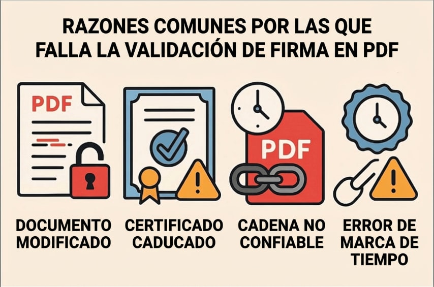razones comunes de fallo en validación firma PDF