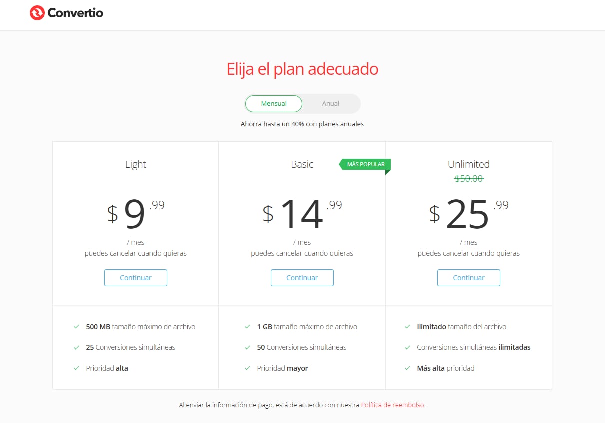 Planes de pago de Convertio