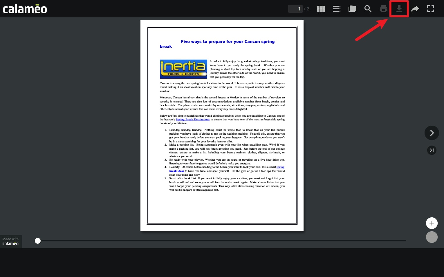 Botón de descarga visible en una publicación de Calaméo dentro del visor online