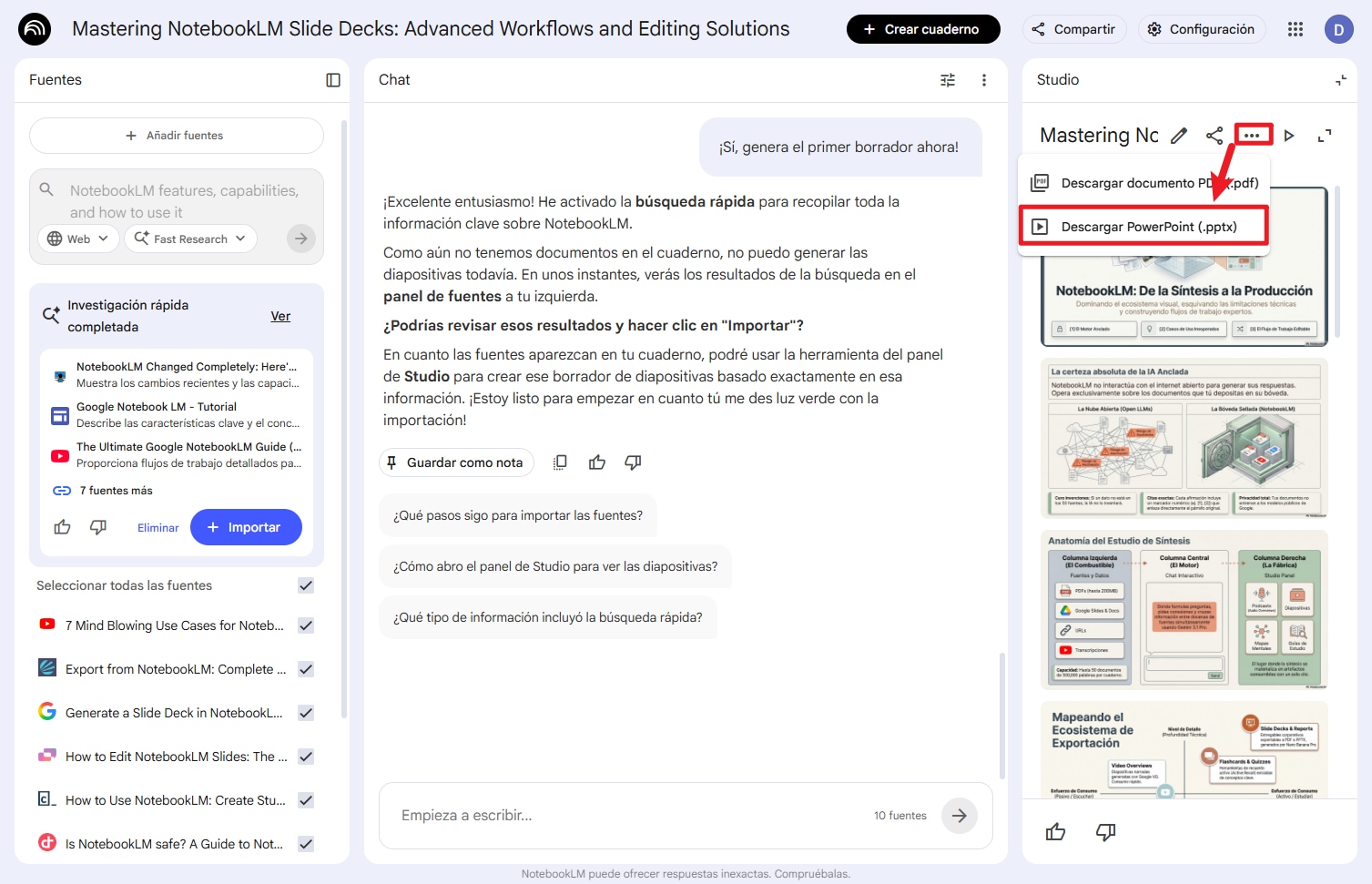 descargar el PPTX directamente desde NotebookLM
