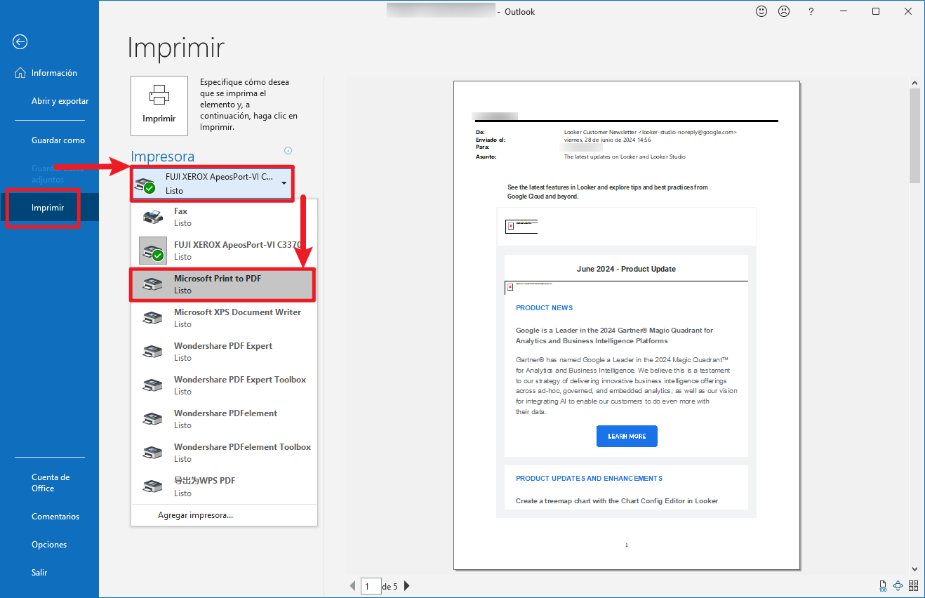 Selecciona Microsoft Print to PDF