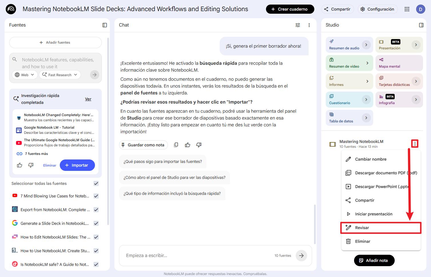 revisar la diapositiva con prompts dentro de NotebookLM
