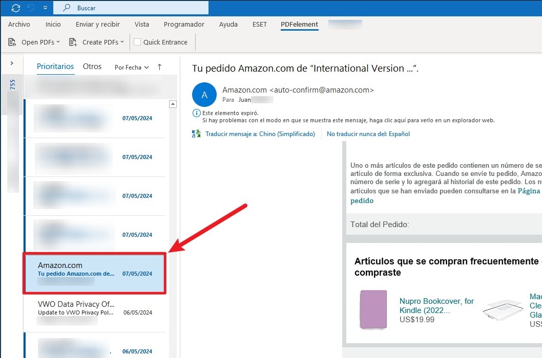 Abre Outlook y localiza el archivo MSG