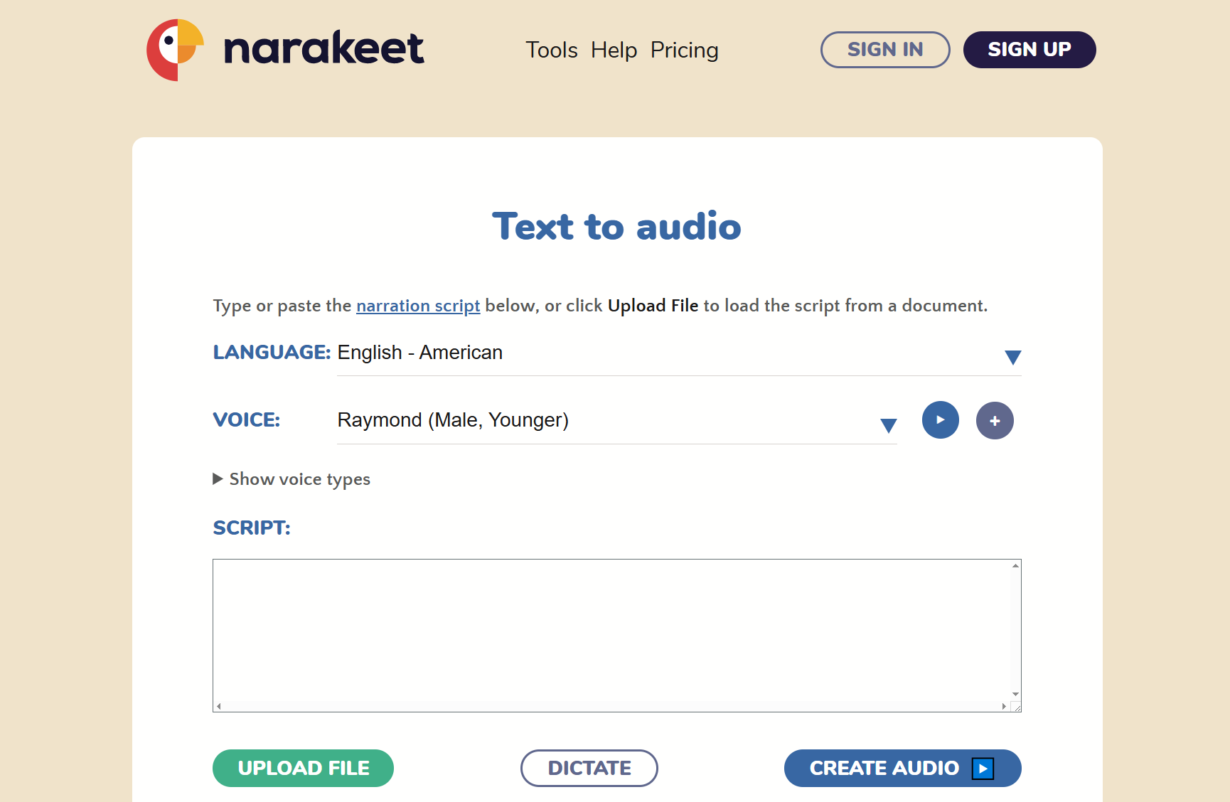 Leer PDF en voz alta en Narakeet