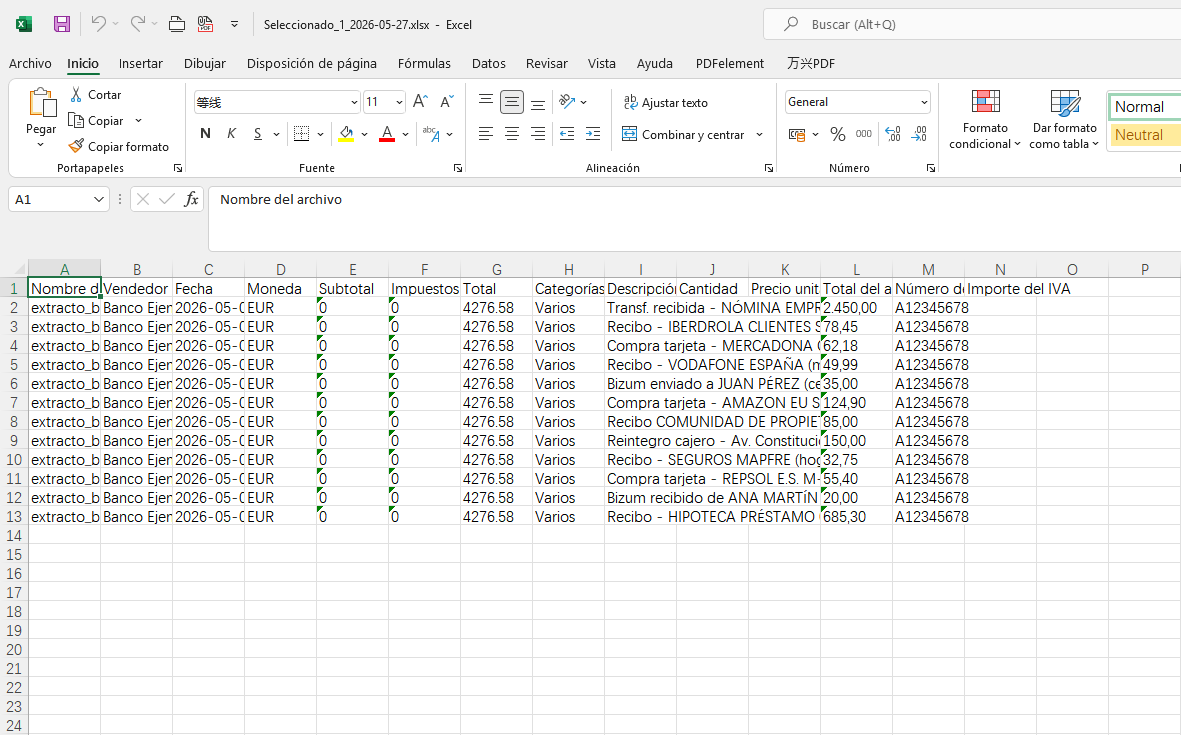 exportar movimientos del extracto bancario PDF a Excel o CSV