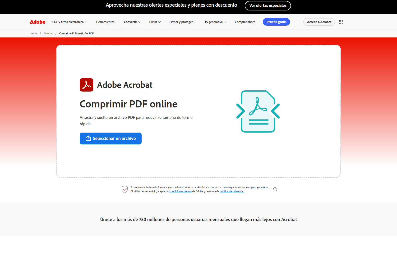 Pantalla de carga del compresor de PDF en línea de Adobe