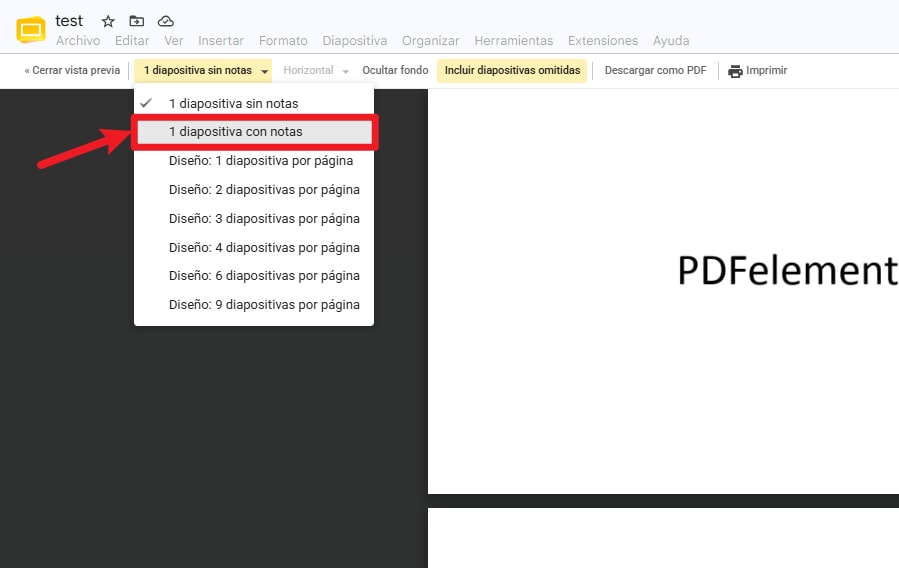 convertir Google Slides a PDF con notas del orador