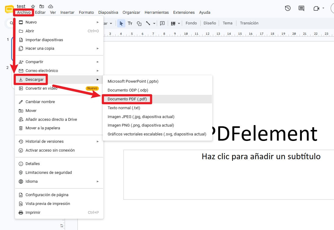 Convertir Google Slides a PDF desde el ordenador