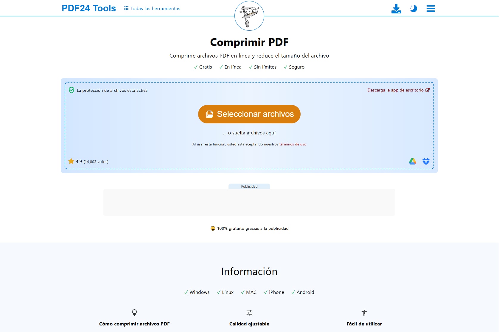 Reducción de tamaño de PDF con el compresor de Adobe PDF24 Tools