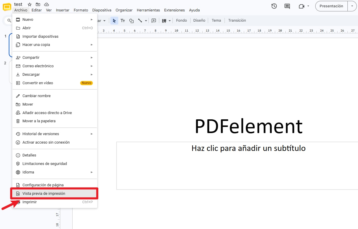 Abre la configuración de impresión y vista previa