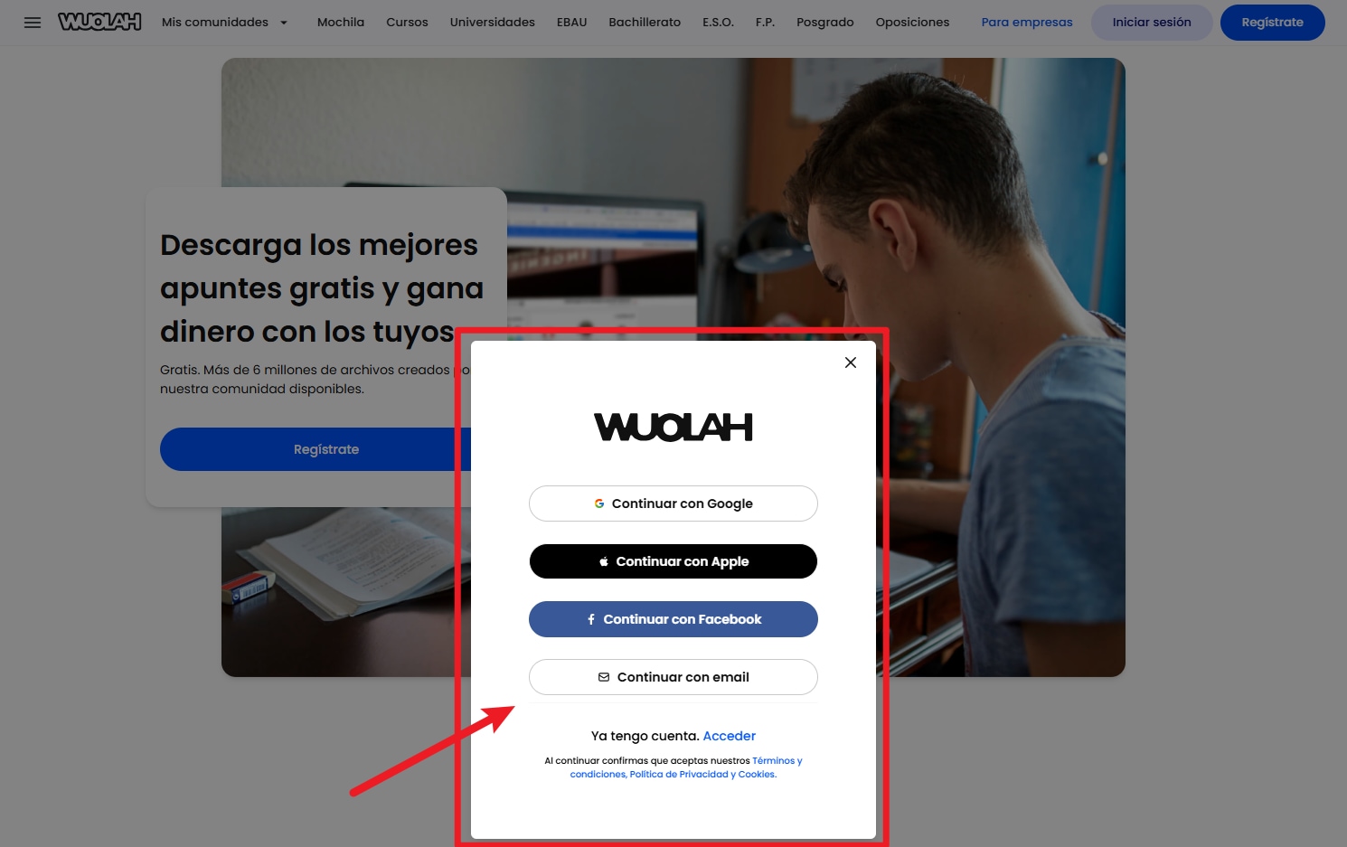 Crea una cuenta o inicia sesión en Wuolah