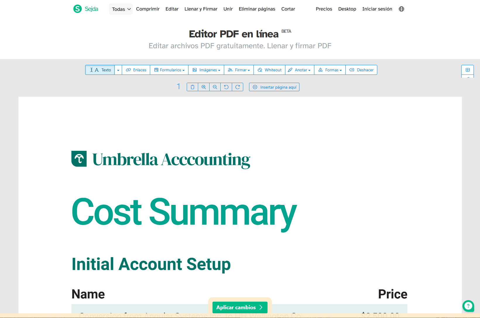 Sejda PDF Editor: editor online para modificar texto con límites claros