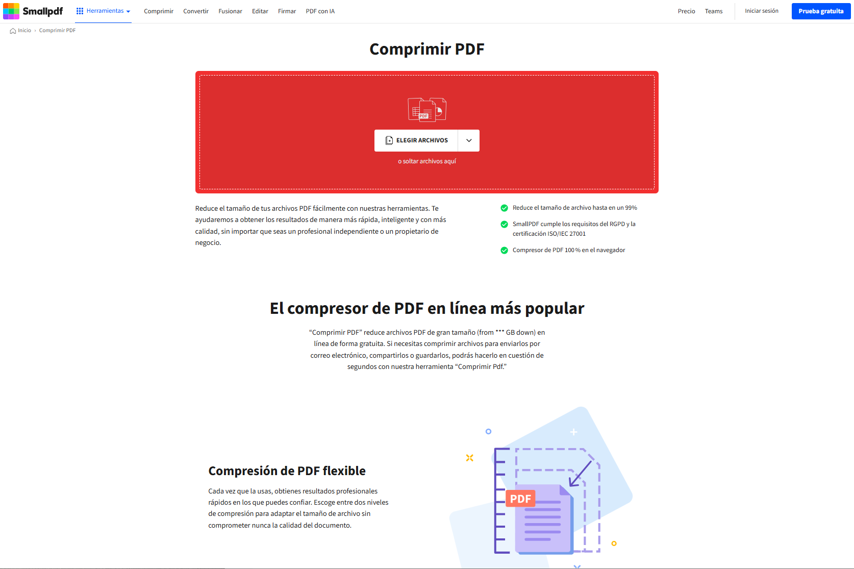 Reducción de tamaño de PDF con el compresor de Adobe Smallpdf
